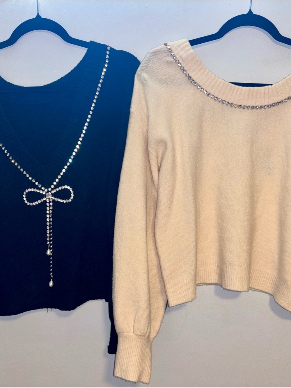 Express Rhinestone-Accent V-Neck Sweaters in Black and Cream